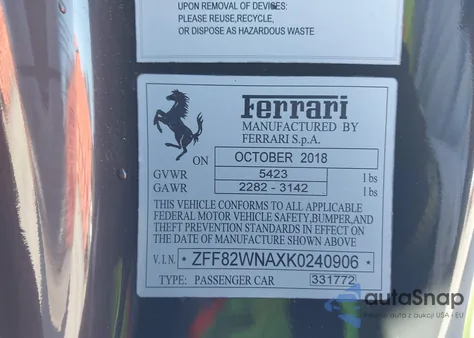 2019 Ferrari Gtc4Lusso V12 from USA, damaged, VIN ZFF82WNAXK0240906